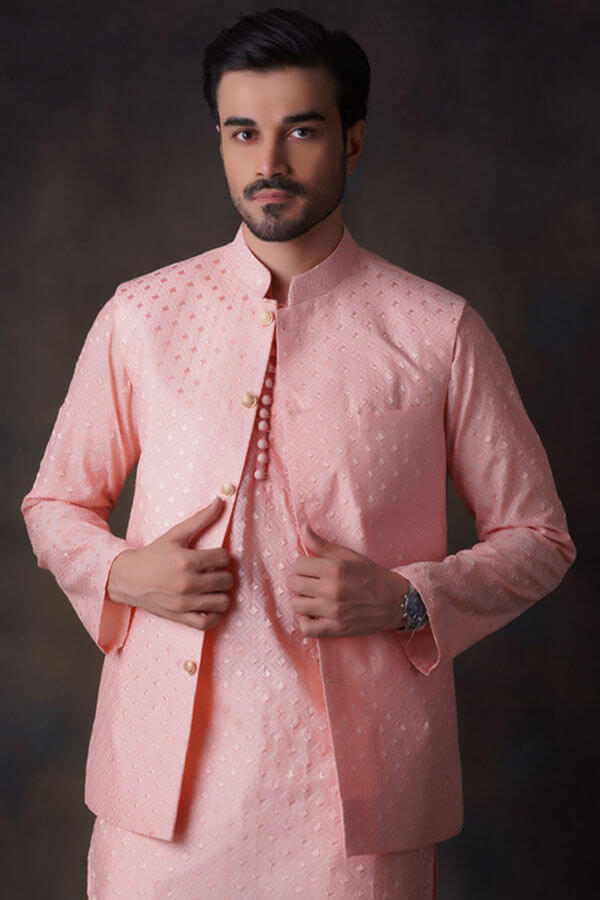 Peach Diamond Embroidered Sheer Kurta