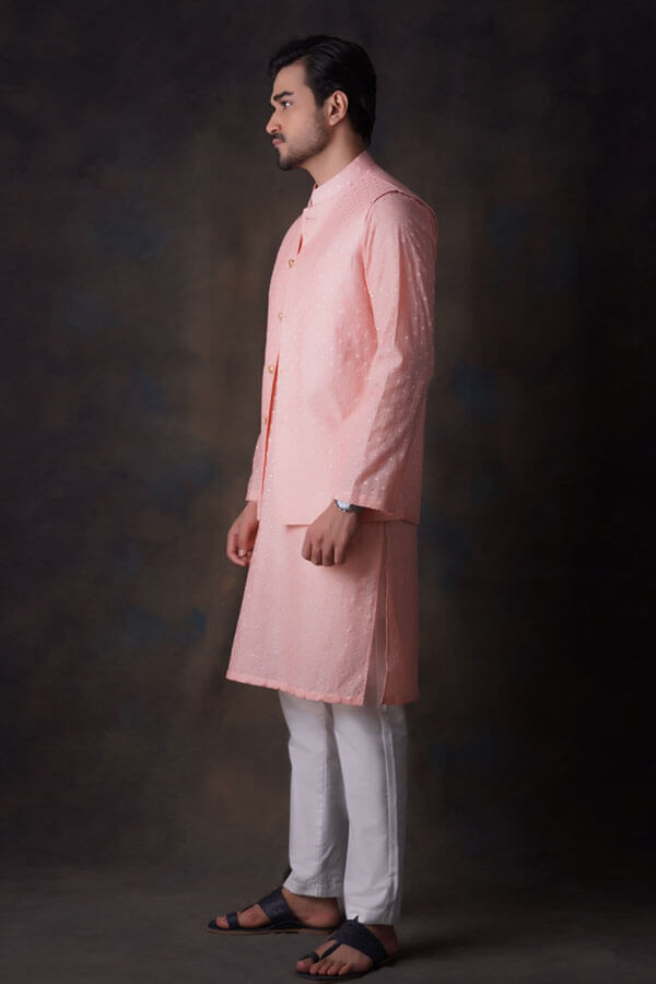 Peach Diamond Embroidered waistcoat and sheer kurta formen