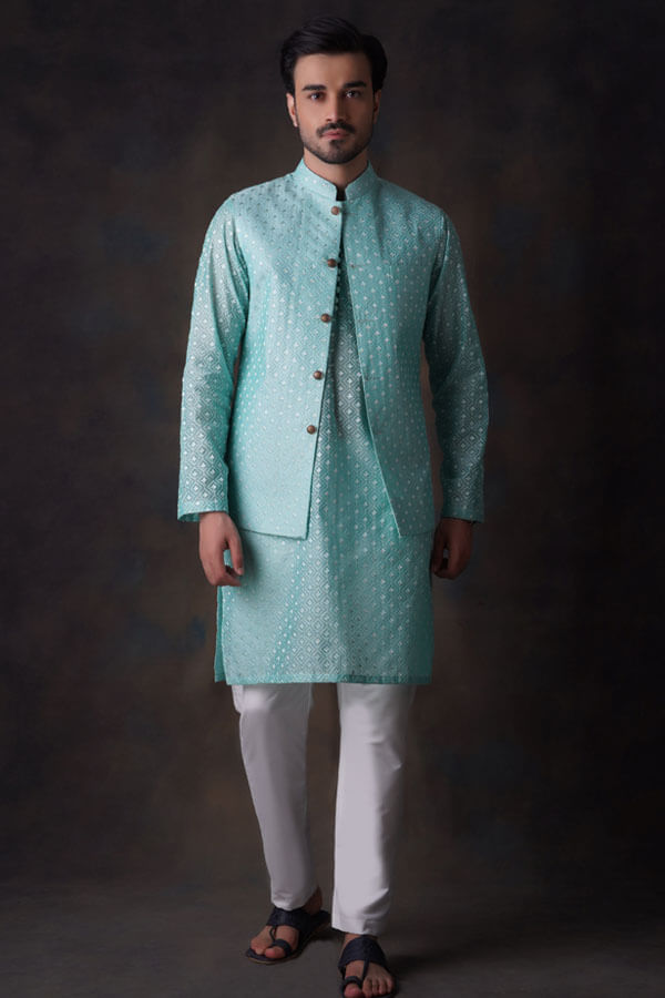 Turquoise Diamond Embroidered Cotton Sheer Kurta and Waistcoat Set.