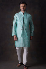 Turquoise Diamond Embroidered Cotton Sheer Kurta and Waistcoat Set.