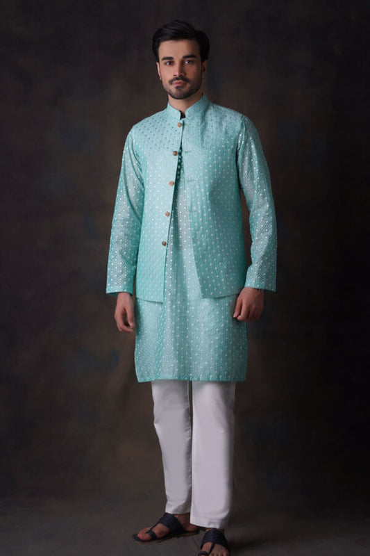 Turquoise Diamond Embroidered Cotton Sheer Kurta and Waistcoat Set formen