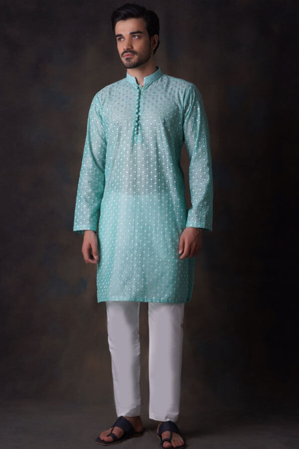 Turquoise Diamond Embroidered Cotton Sheer Kurta 