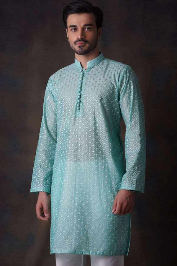 Turquoise Diamond Embroidered Cotton Sheer Kurta and Waistcoat Set.