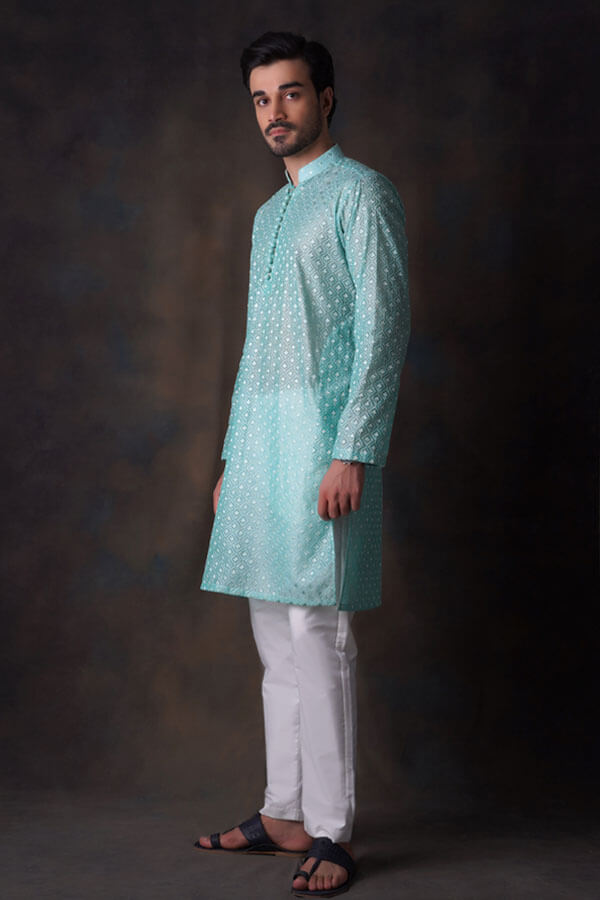 Turquoise Diamond Embroidered Cotton Sheer Kurta and Waistcoat Set.