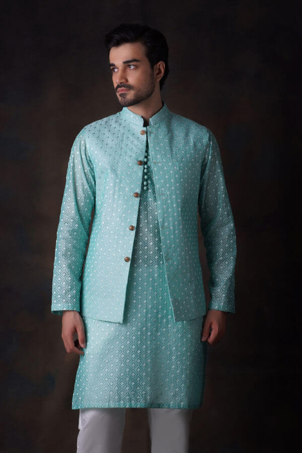 Turquoise Diamond Embroidered Cotton Sheer Kurta and Waistcoat Set.