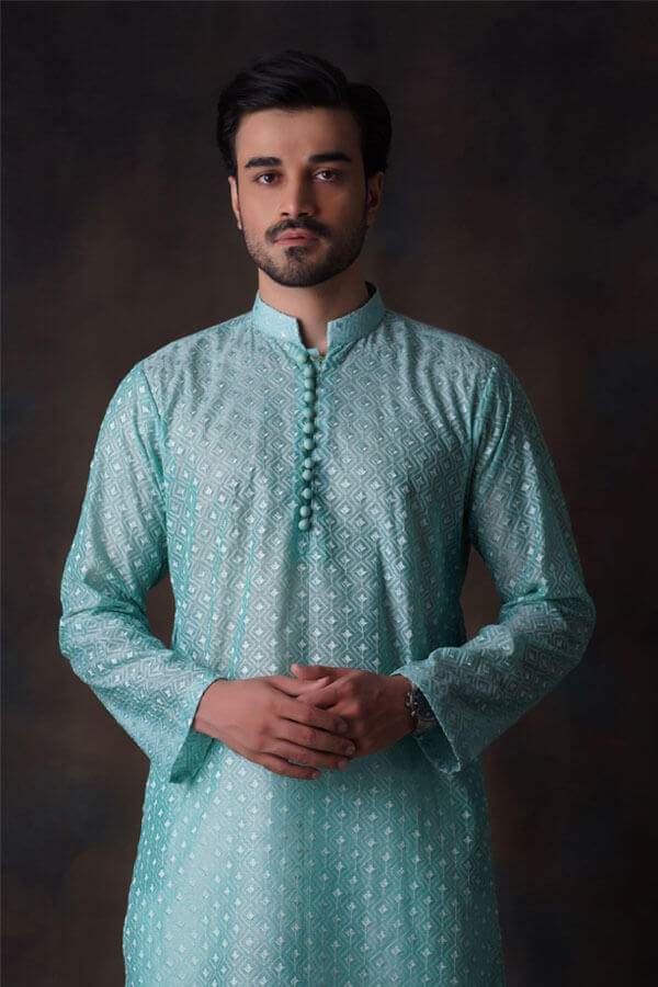 Turquoise Diamond Embroidered Cotton Sheer Kurta.