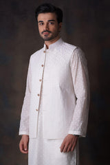 Off-white Diamond Embroidered Cotton Sheer Kurta and Waistcoat Set.