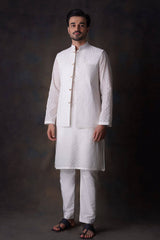 Off-white Diamond Embroidered Cotton Sheer Kurta and Waistcoat Set.