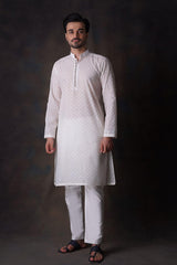 Off-white Diamond Embroidered Cotton Sheer Kurta and Waistcoat Set.