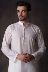 Off-white Diamond Embroidered Cotton Sheer Kurta and Waistcoat Set.