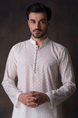 Off-white Diamond Embroidered Cotton Sheer Kurta and Waistcoat Set.