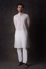 Off-white Diamond Embroidered Cotton Sheer Kurta and Waistcoat Set.