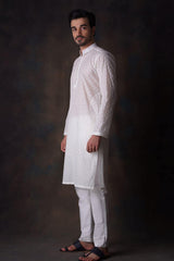 Off-white Diamond Embroidered Cotton Sheer Kurta and Waistcoat Set.