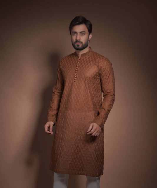 Burnt Sienna/Brown Honeycomb Chikankari Kurta