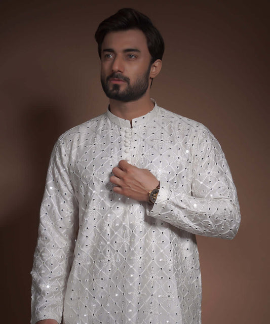 Off White Pure Handwoven kurta with mirror work