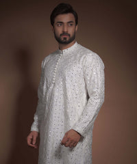 Off White Pure Handwoven kurta with mirror work