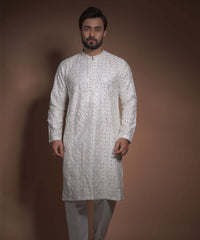 Off White Pure Handwoven kurta with mirror work