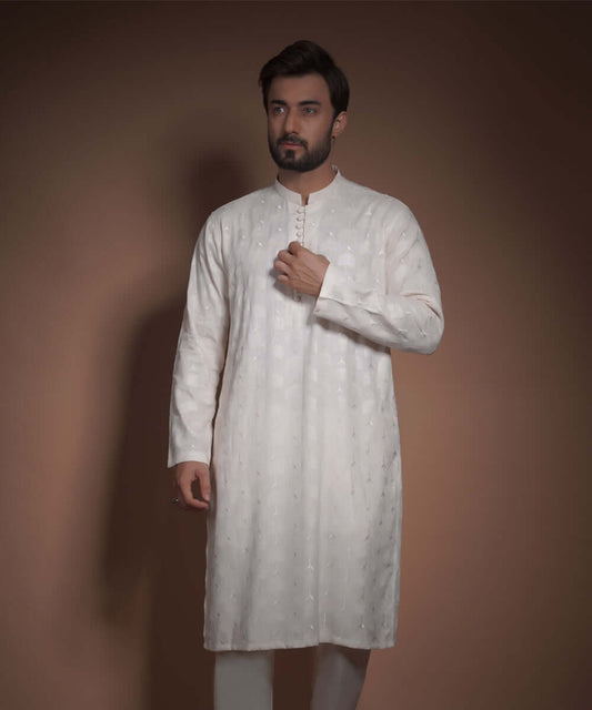 Ivory Floral Rawsilk Kurta Pyjama set