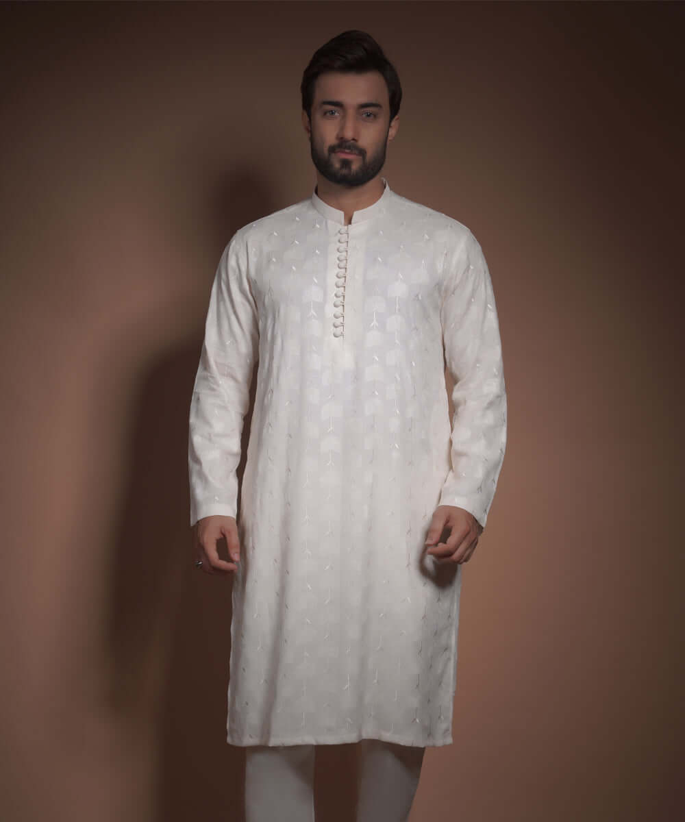 Ivory Floral Rawsilk Kurta Pyjama set