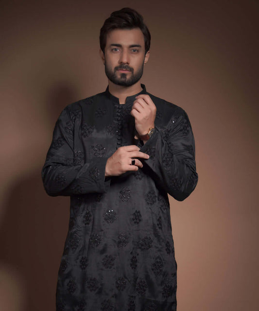 Black shiny Raw Silk Kurta with Motifs