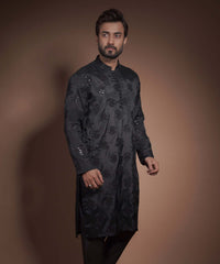 Black shiny Raw Silk Kurta with Motifs