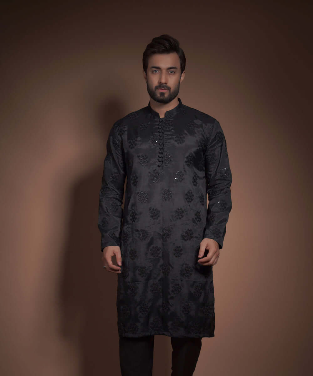 Black shiny Raw Silk Kurta with Motifs