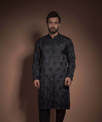 Black shiny Raw Silk Kurta with Motifs