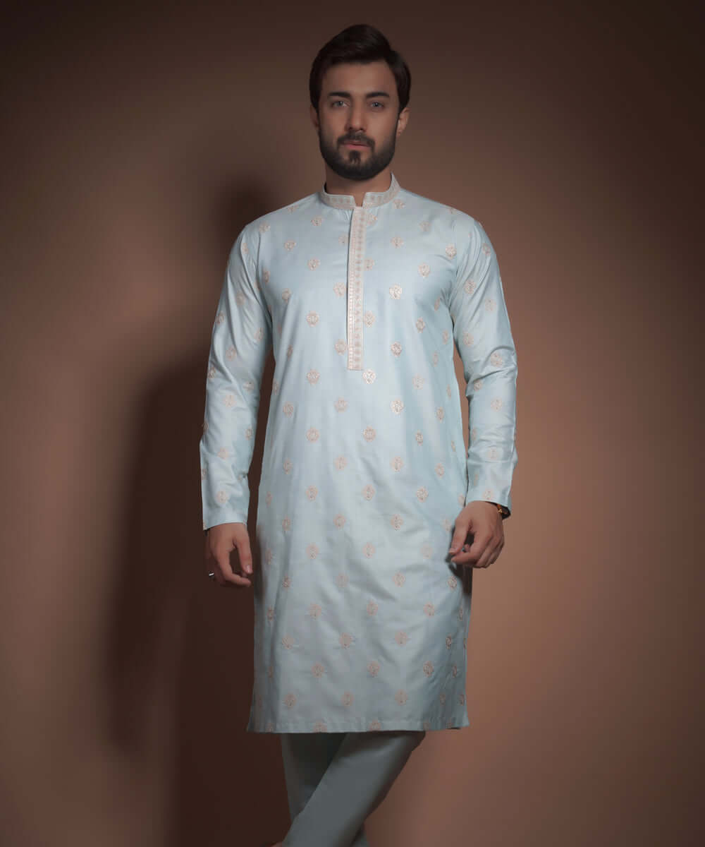 Powder/Chalk Blue Cotton Silk Kurta pyjama set