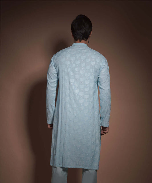 Powder/Chalk Blue Rawsilk Kurta with Floral embroidery