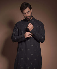 Jet Black Cotton Jacquard Kurta