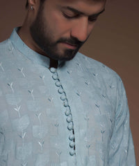 Powder/Chalk Blue Rawsilk Kurta with Floral embroidery