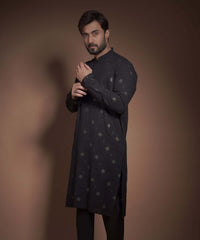 Jet Black Cotton Jacquard Kurta