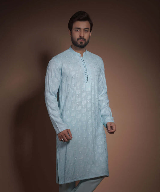 Powder/Chalk Blue Rawsilk Kurta with Floral embroidery