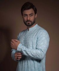 Powder/Chalk Blue Rawsilk Kurta with Floral embroidery