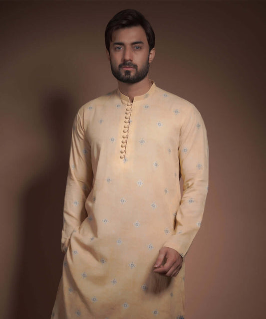 Dark Yellow Cotton Jacquard Kurta