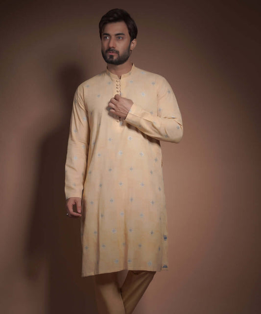 Dark Yellow Cotton Jacquard Kurta