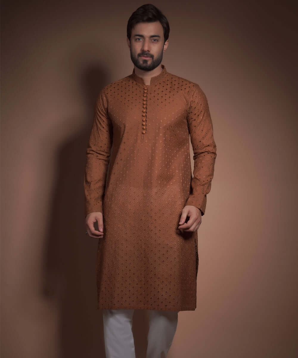 Burnt Sienna/Brown Diamond Textured Kurta