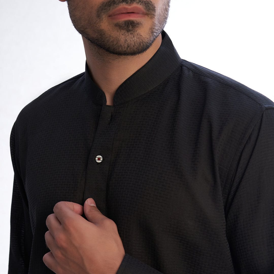Black Textured Kurta with White Trousers for Mens