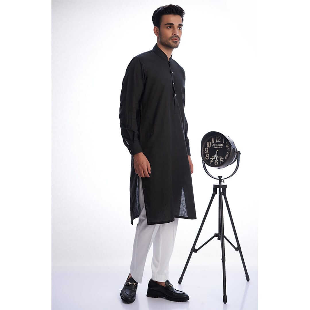 Black Textured Kurta with White Trousers for Mens