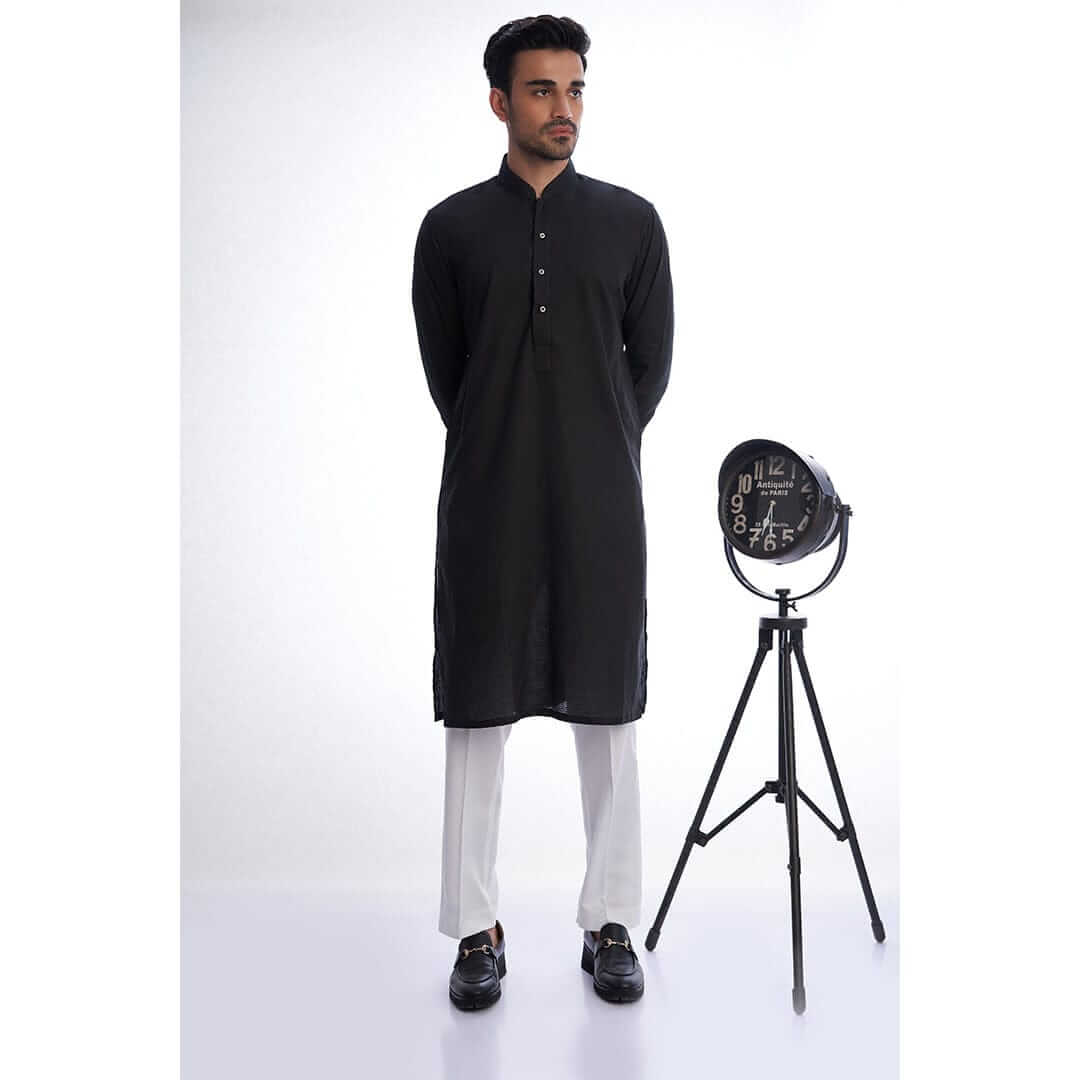 Black Textured Kurta with White Trousers for Mens