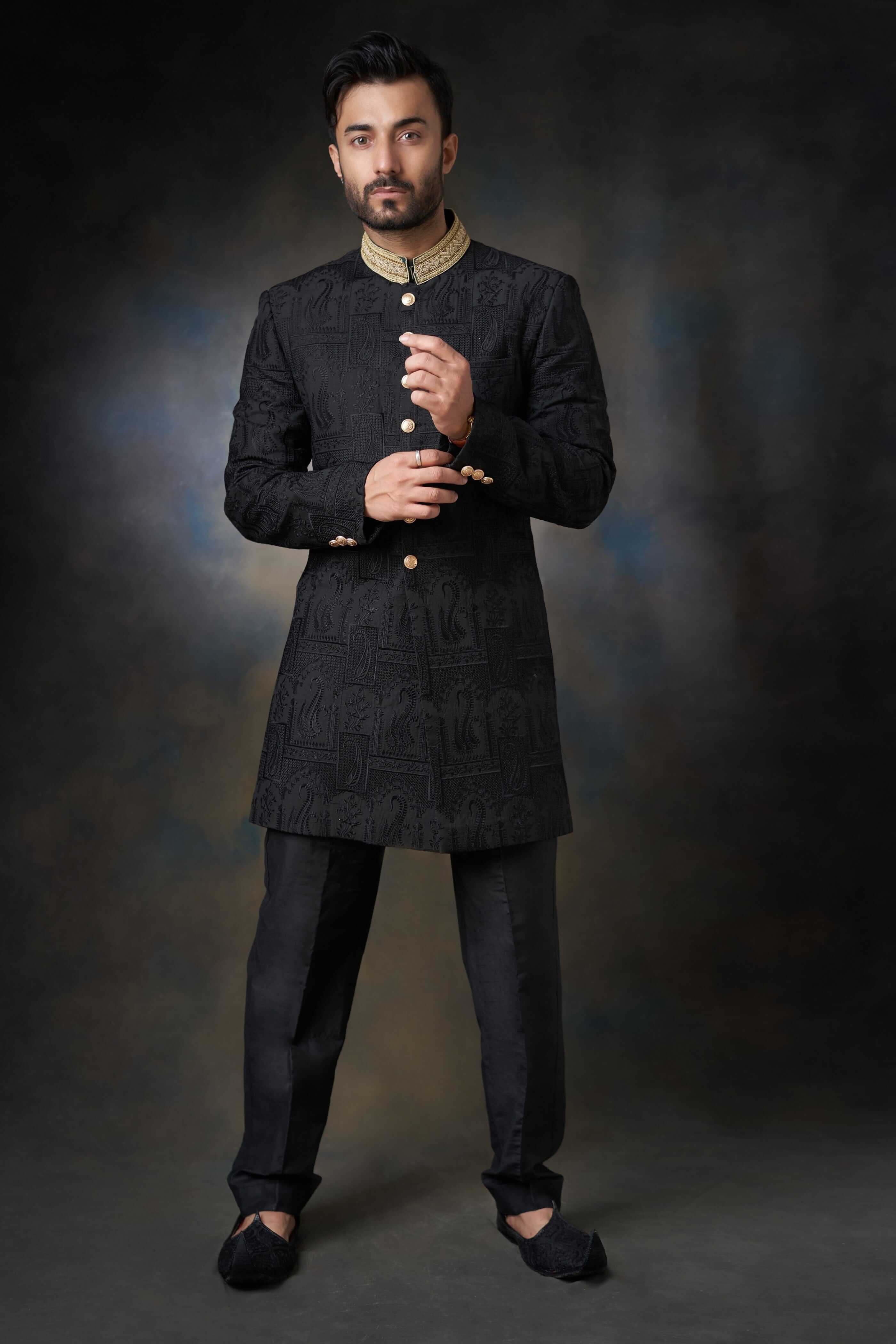 Black Thread Embroidered Silk Men Sherwani 