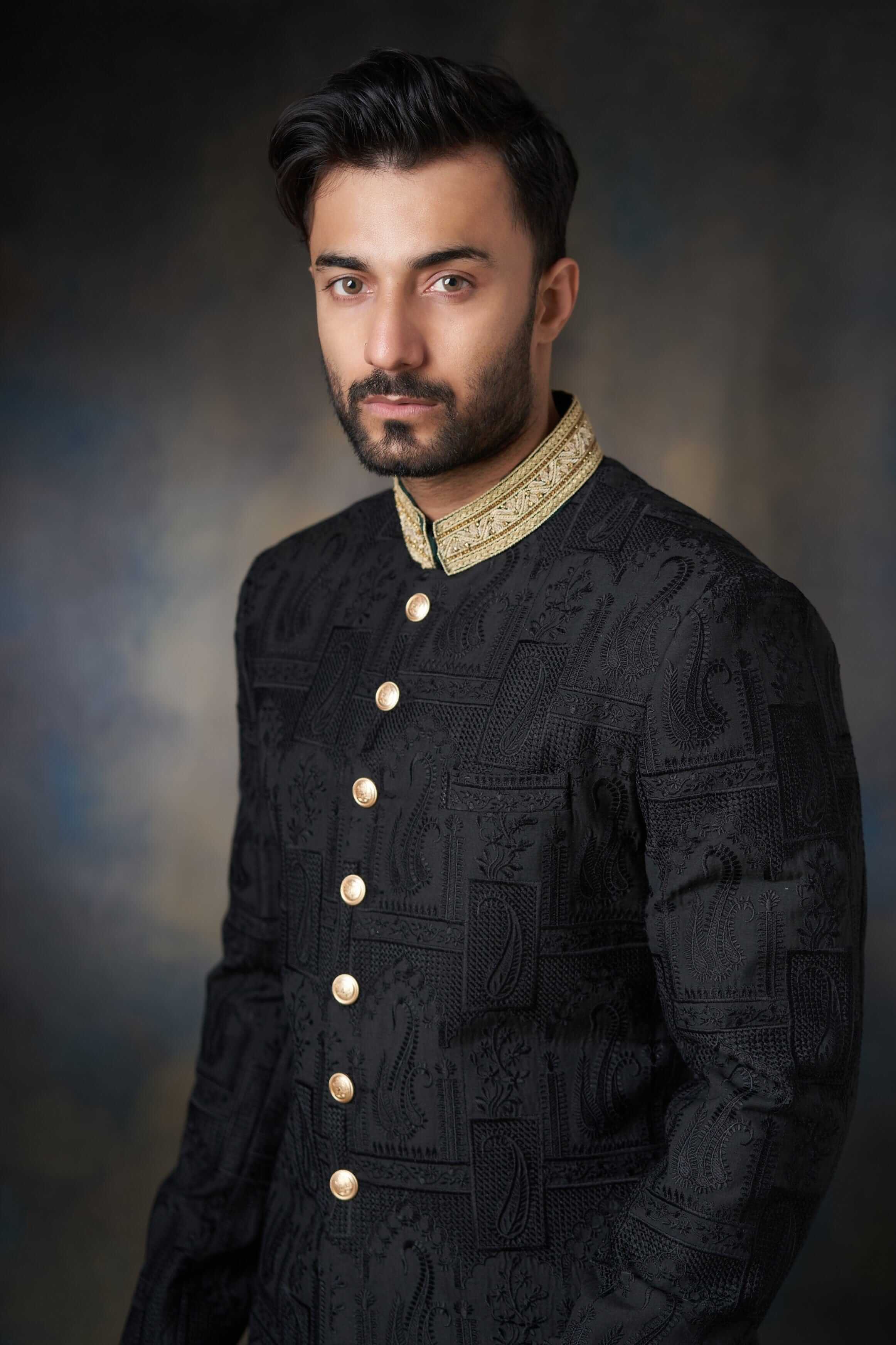 Black Thread Embroidered Silk Men Sherwani 