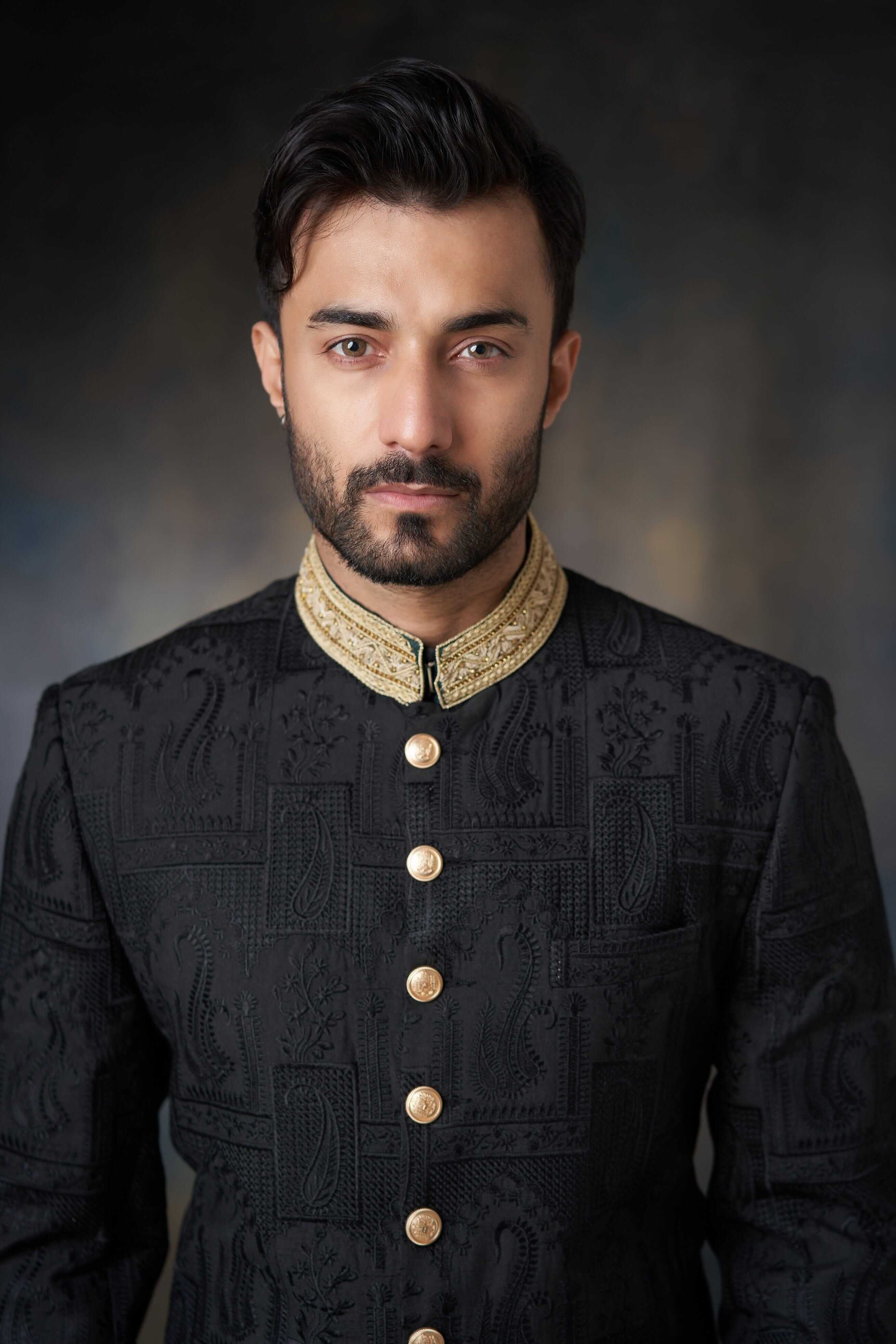 Black Thread Embroidered Silk Men Sherwani 