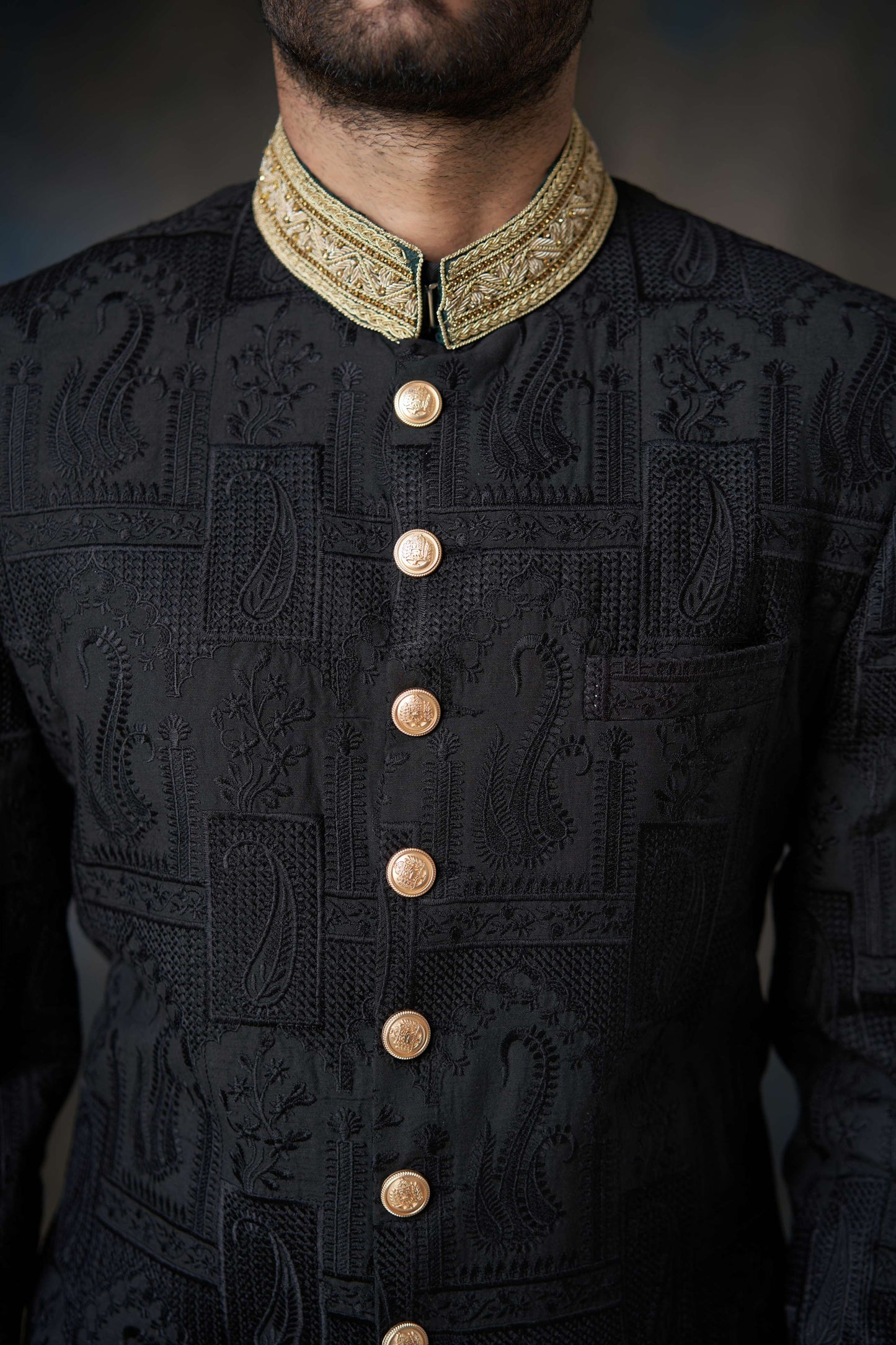 Black Thread Embroidered Silk Men Sherwani 