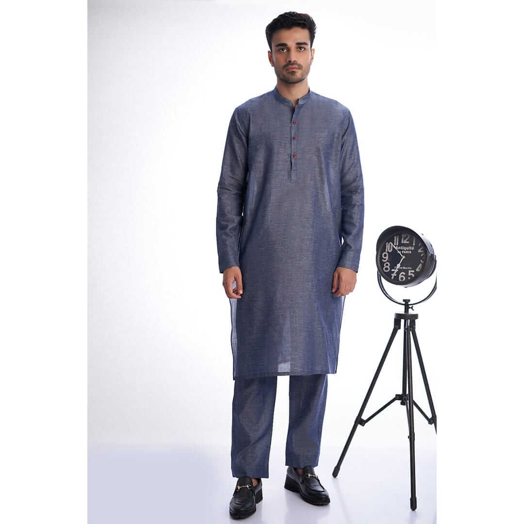 Blue Tensil Linen Kurta Pyjama for Mens