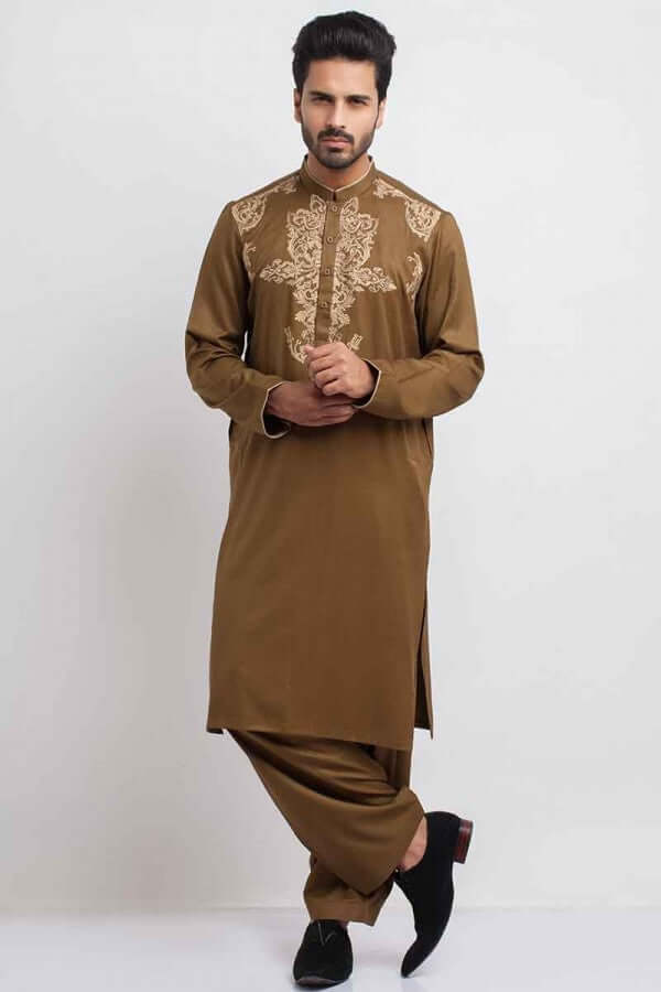 Brown -Thread-Shalwar-Kameez-For-Men