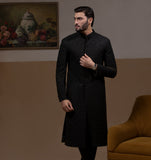 Rumi - Jet Black Handcrafted Zardozi Sherwani with Gold Accents