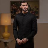 Rumi - Jet Black Handcrafted Zardozi Sherwani with Gold Accents