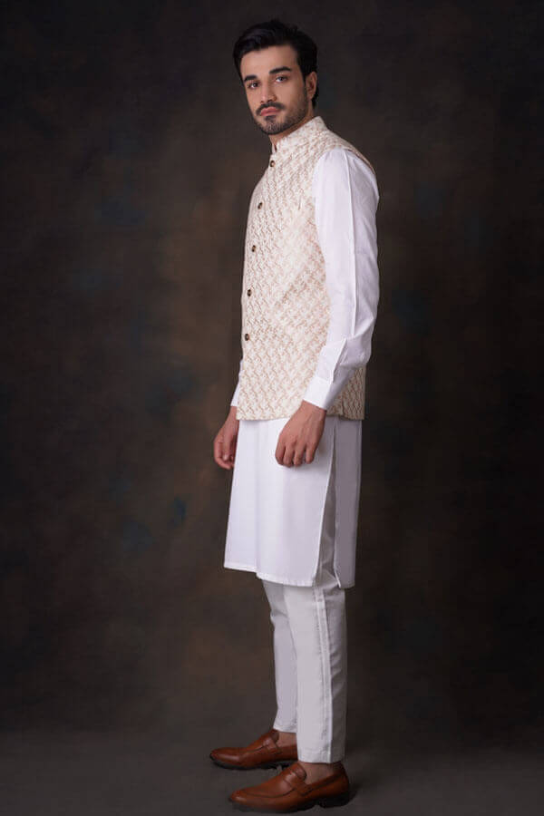 Cream Embroidered Waistcoat Set  for men