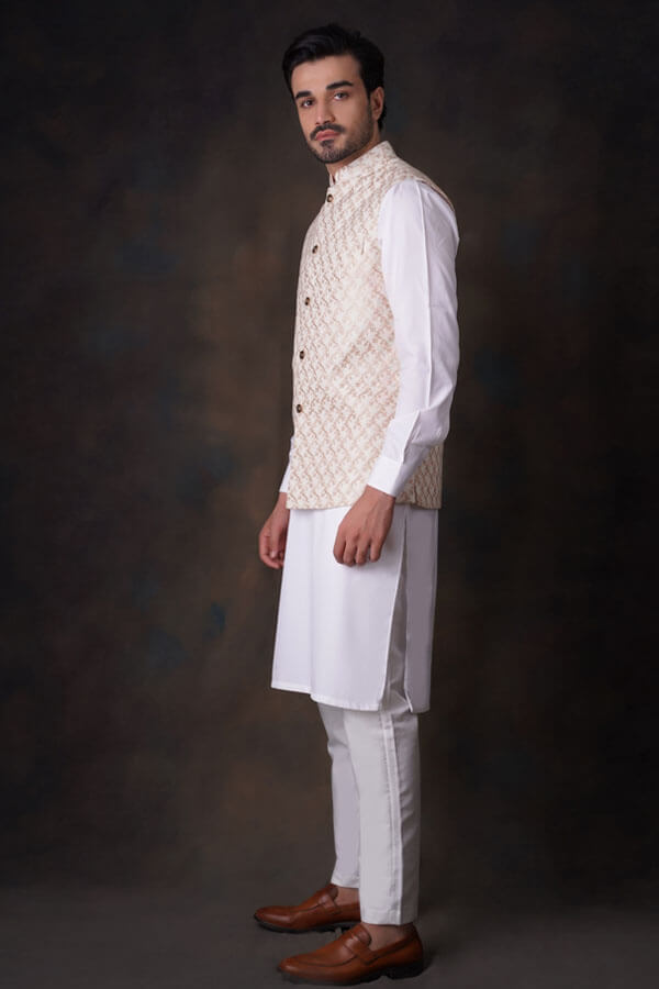 Cream Embroidered Waistcoat Set  for men